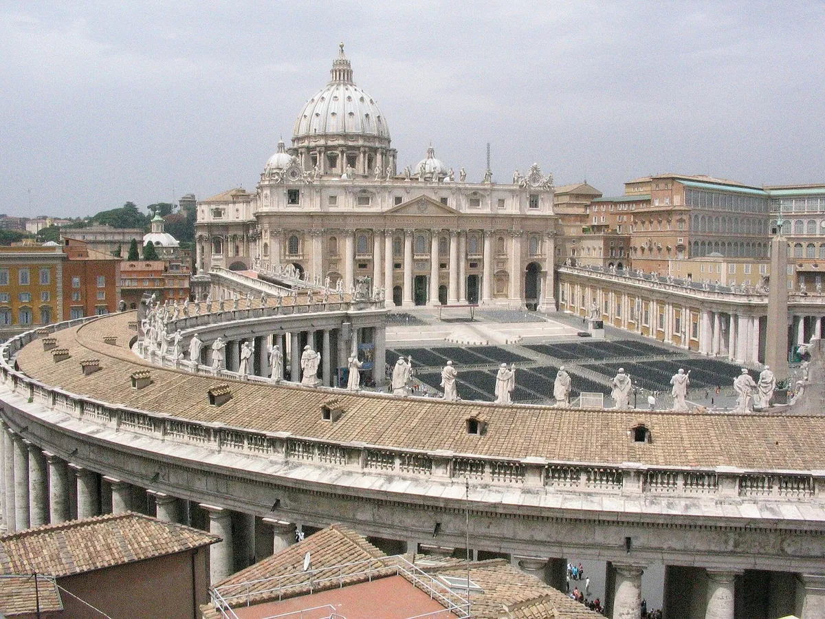 St Peter's Square from above, with Bernini's colonnade, the statues of the saints and the basilica
